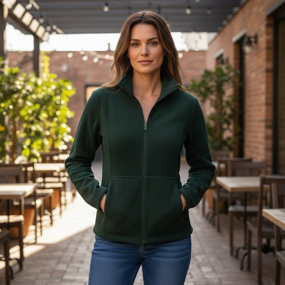 Cabelas Womens 10 Dark Green Cozy Fleece Zip Up Jacket Hiking Outdoor Warm Comfy